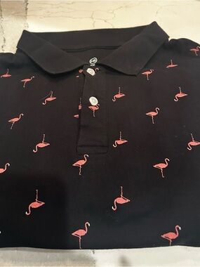 Men's Black Polo Shirt with Pink Flamingo Print